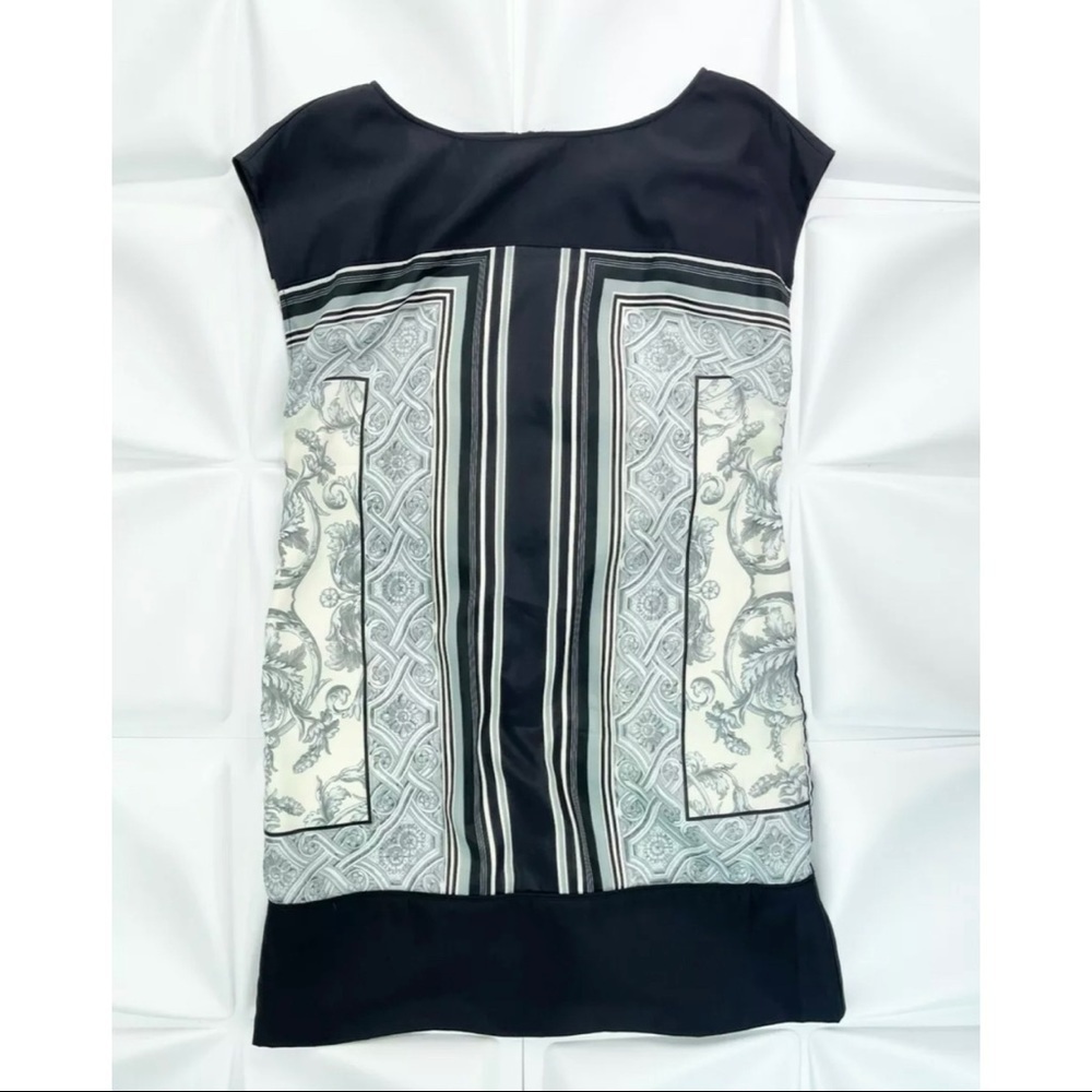 Vince Camuto Sz 6 Scarf Print Floral Geometric Shift Dress Black Gray